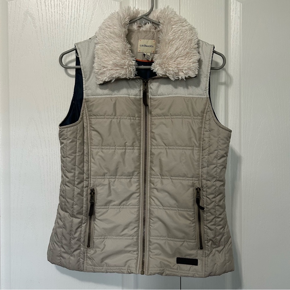 GH Bass Puffer Vest Tan Herringbone Faux Fur Collar Small